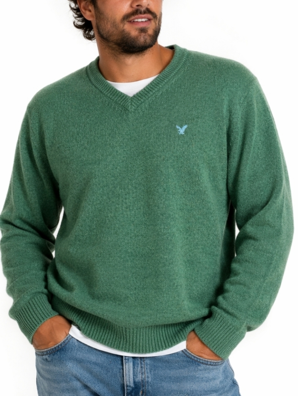American Eagle Wool Cotton Blend Knit Forest Green V Neck Pullover Sweater